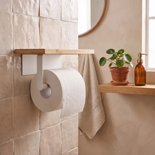 Toiletrolhouder voor aan de muur, zelfklevend, bamboe en metaal Naturo Wit