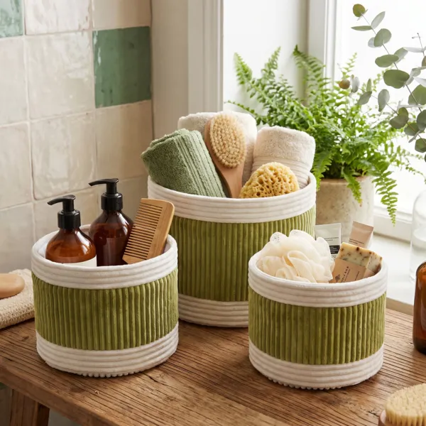 Lot de 3 paniers de rangement velours (H20 cm) Boho-chic Vert olive