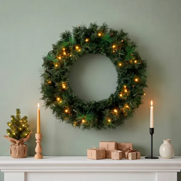 Corona de Navidad luminosa (D50 cm) Edmonton Verde y blanco c�lido