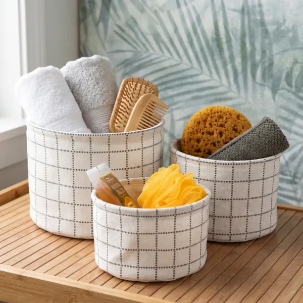 Lot de 3 paniers de rangement (H17 cm) Carreaux Blanc