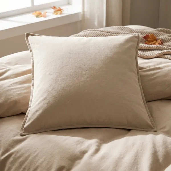 Vierkante katoenflanellen kussensloop (63 x 63 cm) Nina Beige