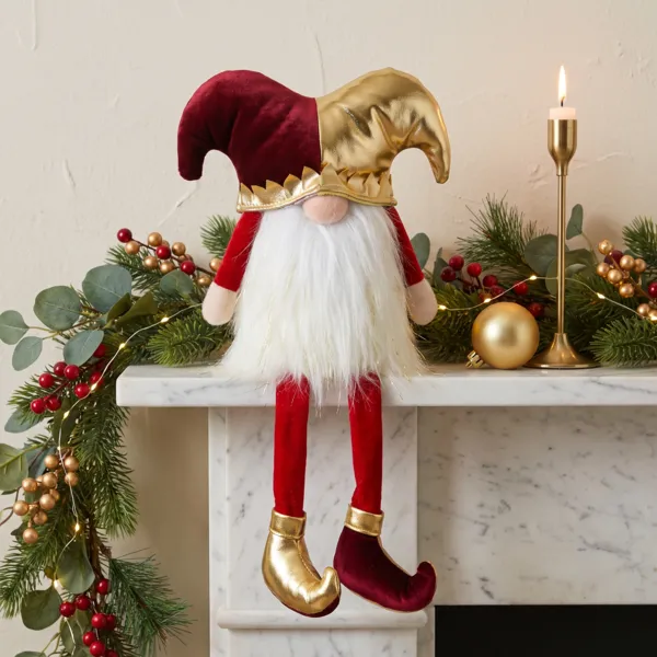 Weihnachtswichtel mit biegsamen Beinen (H39 cm) Harlekin Bordeaux und Gold
