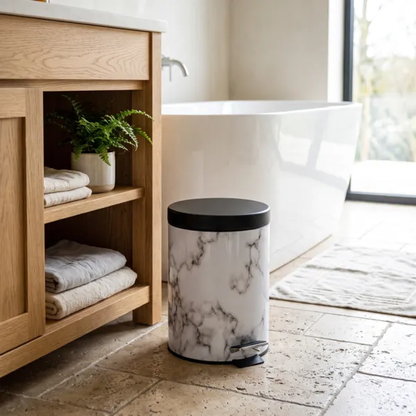 Cubo de basura de ba�o de metal con freno de ca�da efecto m�rmol Sema Negro