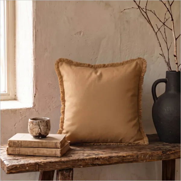 Coussin carr� coton (45 x 45 cm) Pixel franges Camel