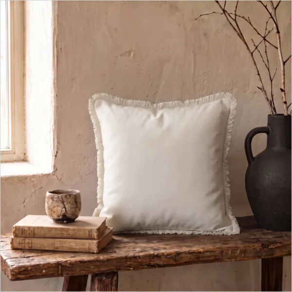 Cuscino quadrato in cotone (45 x 45 cm) Pixel con frange Beige