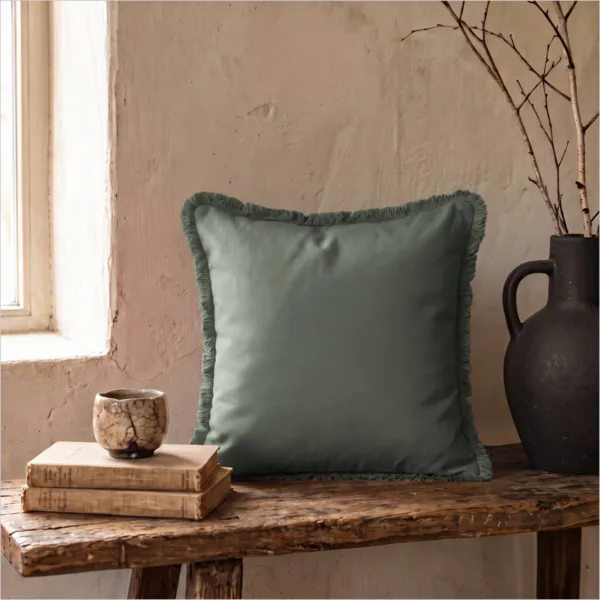 Coussin carr� coton (45 x 45 cm) Pixel franges Vert kaki