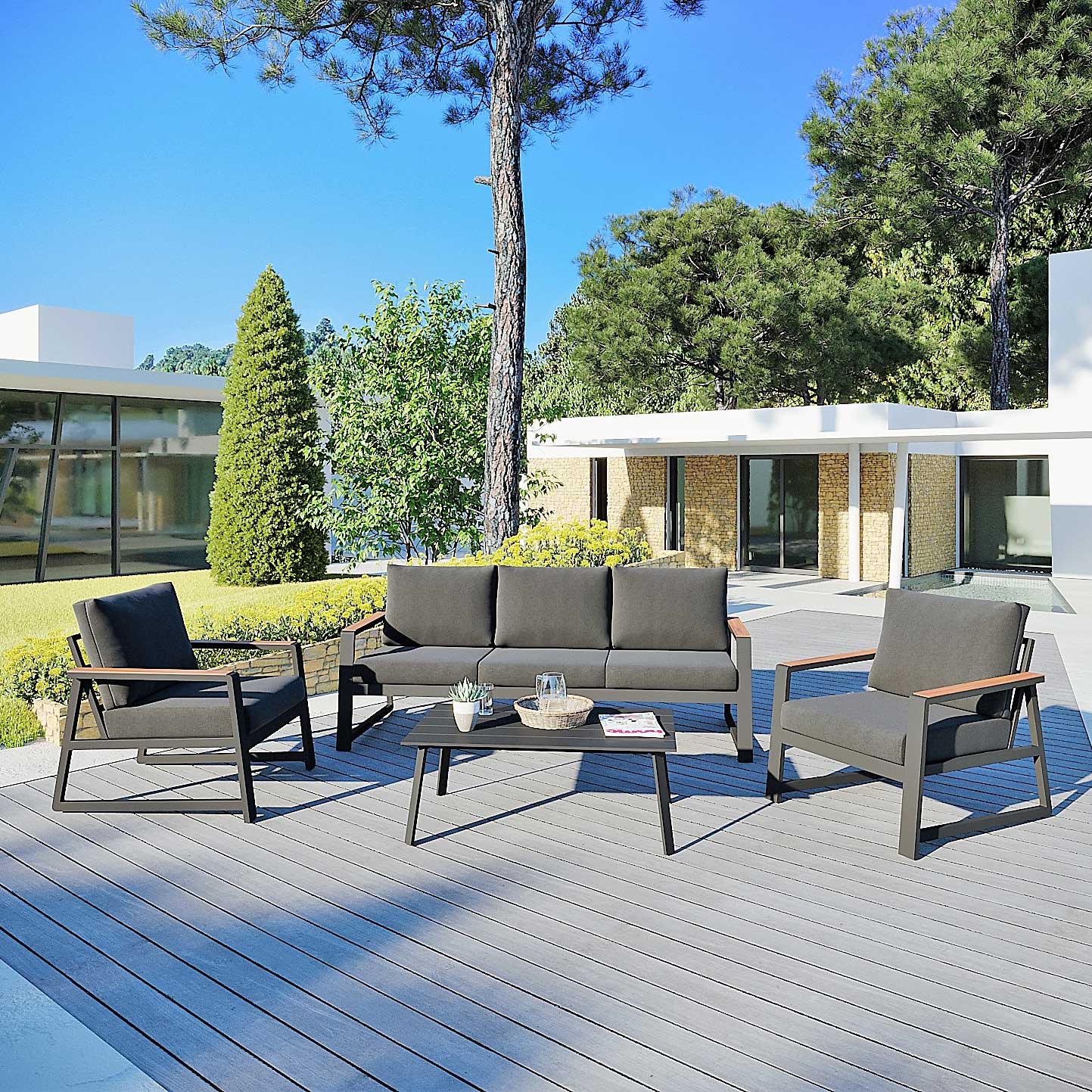 Canapé de jardin 3 places Monte Carlo - Anthracite - Salon de jardin, table  et chaise - Eminza