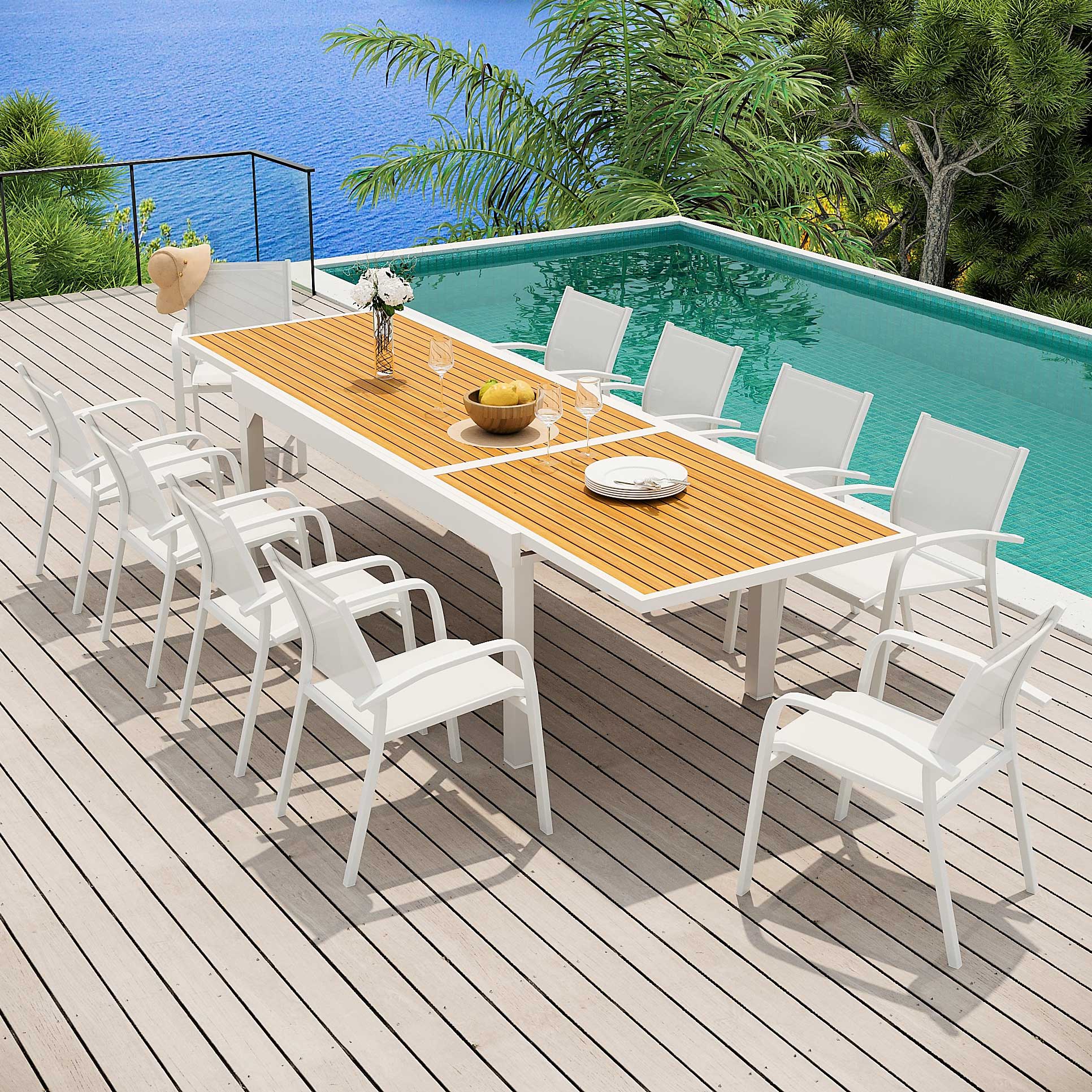 Tavolo da giardino allungabile 12 posti Alluminio effetto legno Murano (320  x 100 cm) - Bianco - Salotto da giardino, tavoli e sedie - Eminza