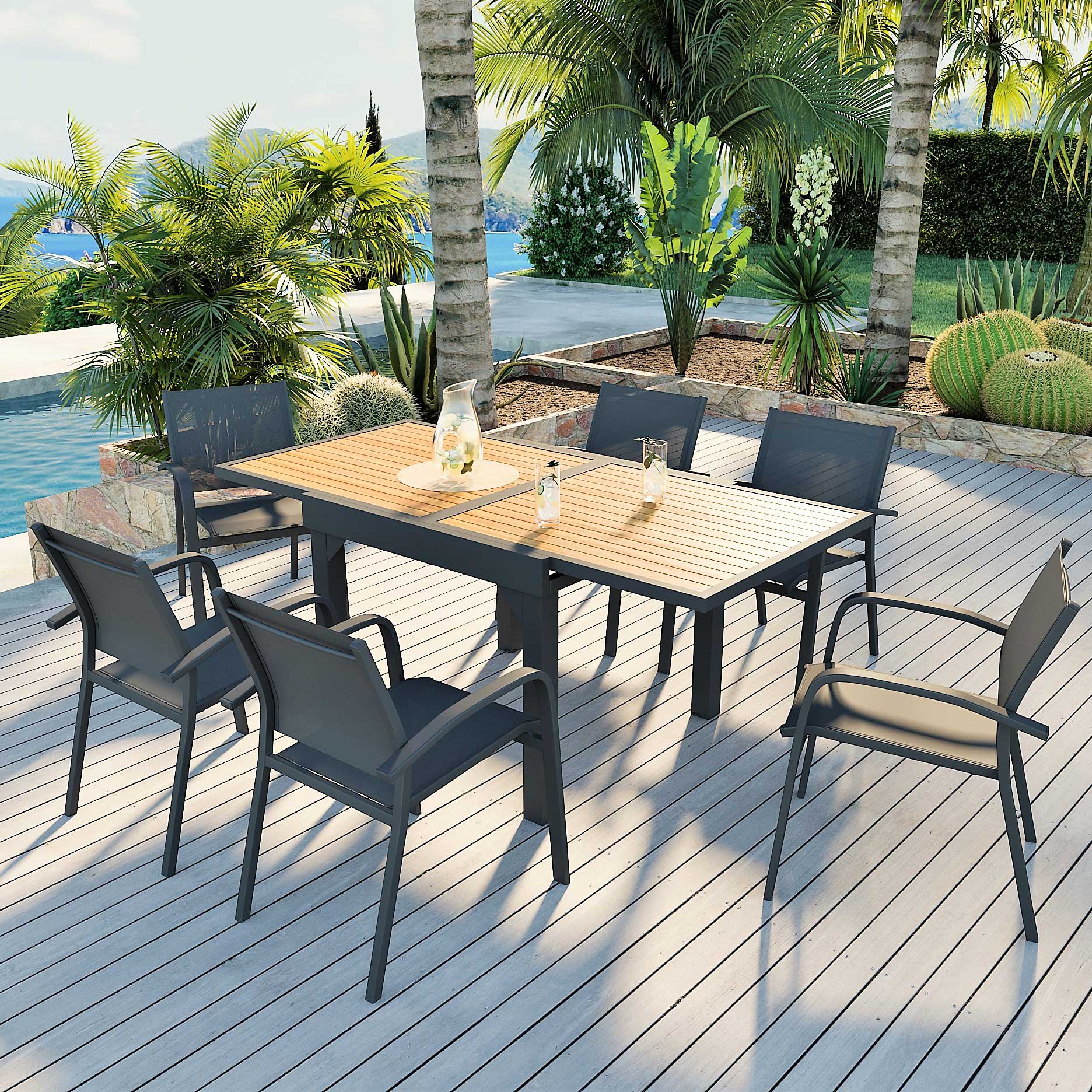 Table de jardin extensible 8 places Aluminium effet bois Murano (180 x 90  cm)- Gris anthracite - Salon de jardin, table et chaise - Eminza