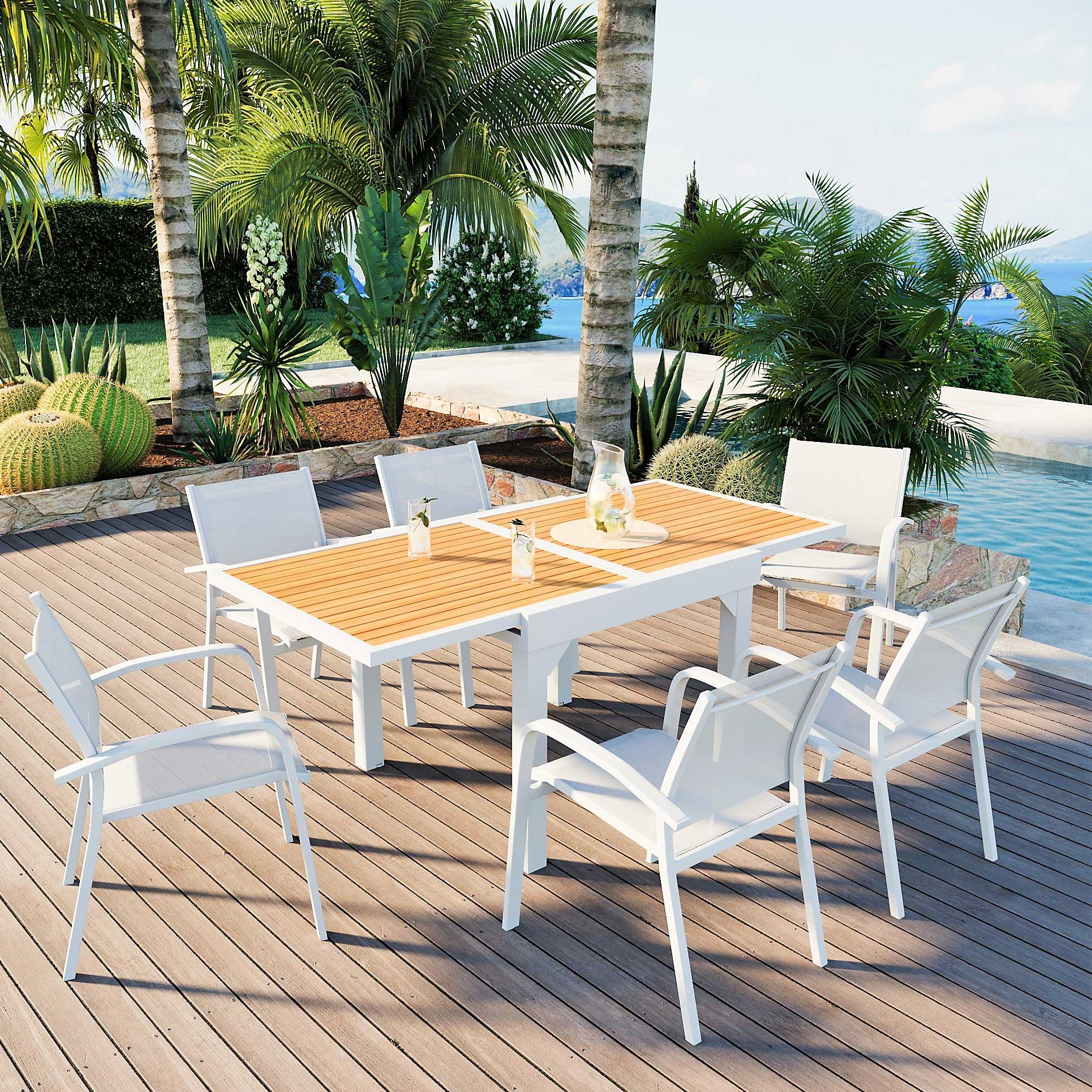 Mesa de jardín extensible 8 personas Aluminio efecto madera Murano (180 x  90 cm)- Blanca - Conjuntos de jardín, mesa y sillas - Eminza