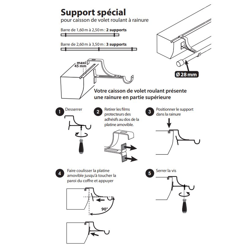 Support à tringle pour caisson de volet roulant (L135 / D28 mm) Blanc  satiné - Accessoire et tringle rideau - Eminza