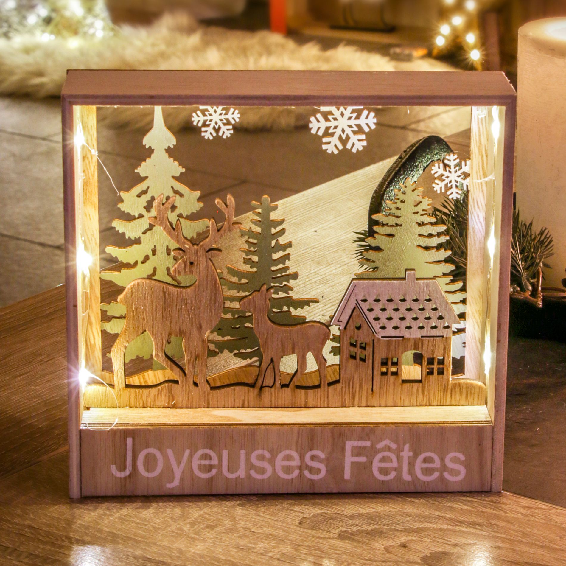 Cadre lumineux à piles en bois à poser Blanc chaud - Déco de Noël
