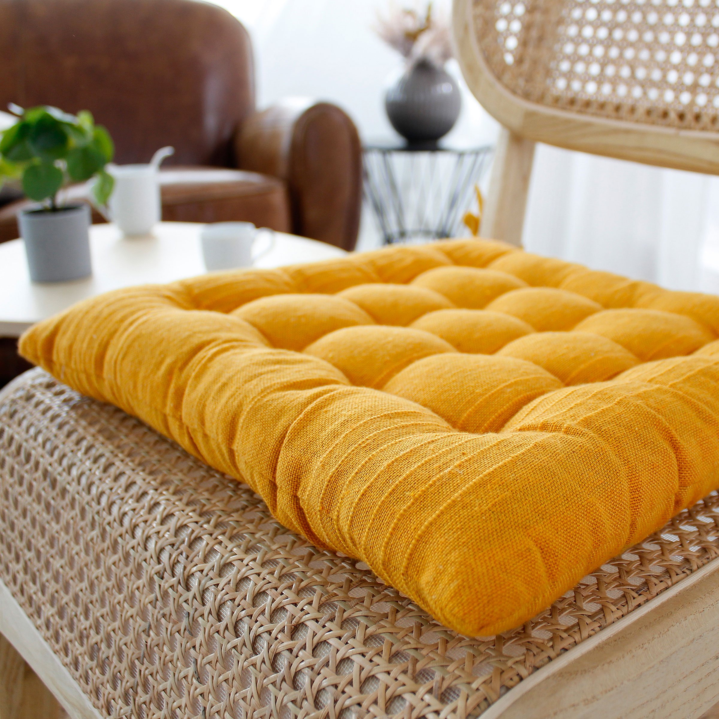 Cuscino per sedia quadrato Bombay Giallo senape - Tessuto decorativo -  Eminza