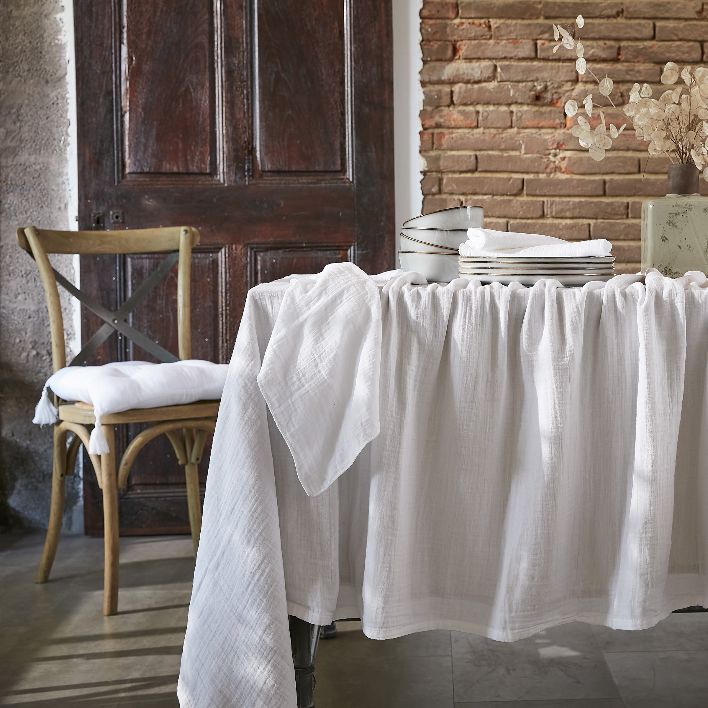 Tovaglia rettangolare garza di cotone (L350 cm) Gaïa Bianco chantilly -  Biancheria tavola e cucina - Eminza