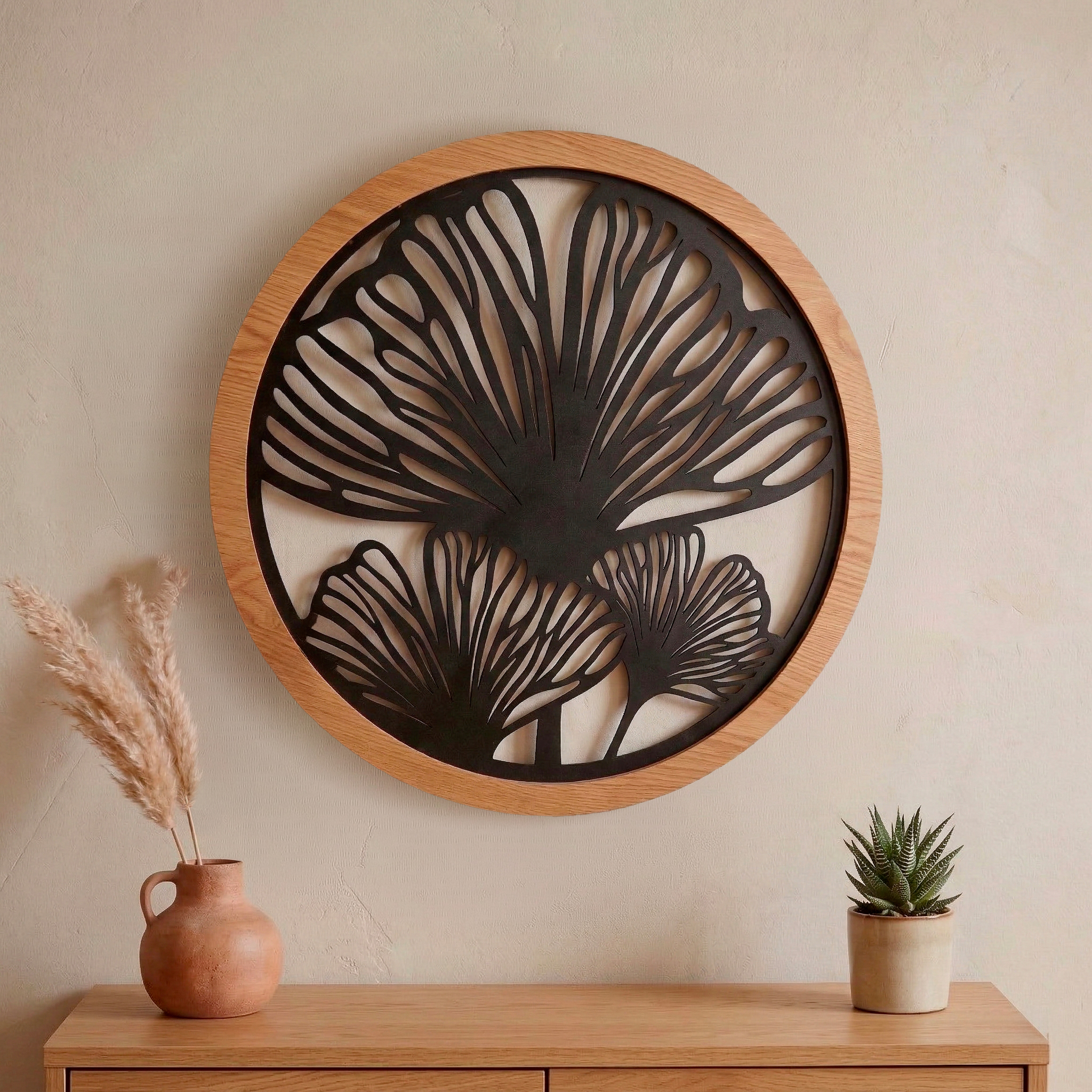 Runde Wanddekoration Metall (D60 cm) Ginkgo Schwarz - Wanddekoration