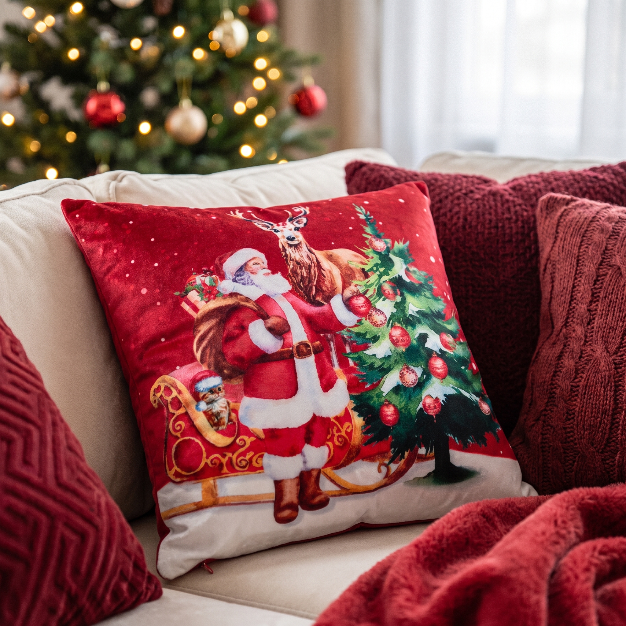 Samt Quadratisches Weihnachtskissen (40 x 40 cm) Heiligabend Rot - Weihnachtsdeko